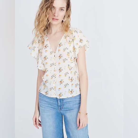Madewell Countryside Blooms Silk Carmelina Flutter-Sleeve Top - Picture 3 of 10